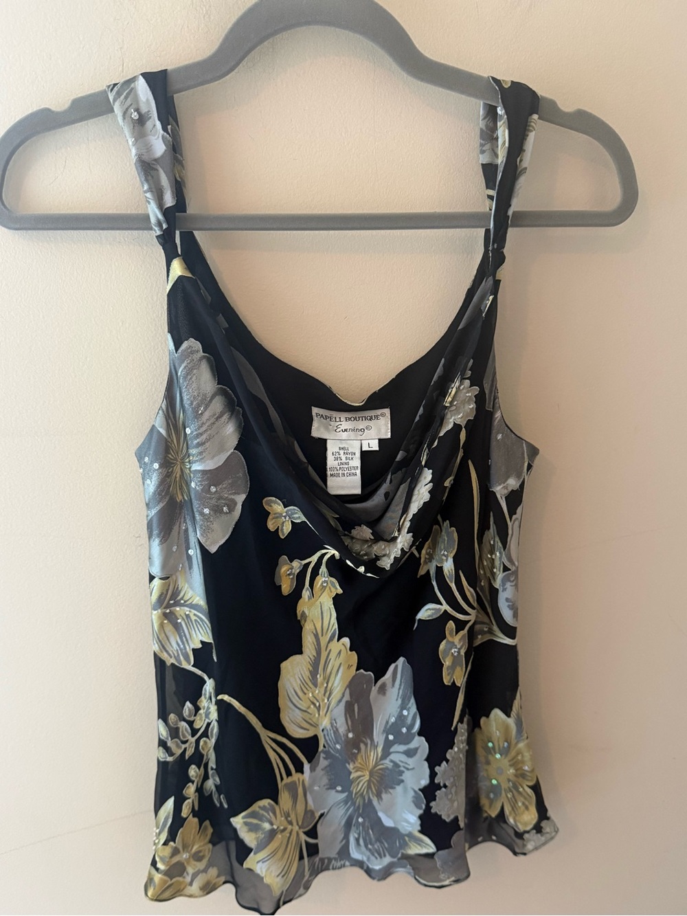 Papell boutique Y2K floral evening cowl neck rayon silk tank top beaded size L
